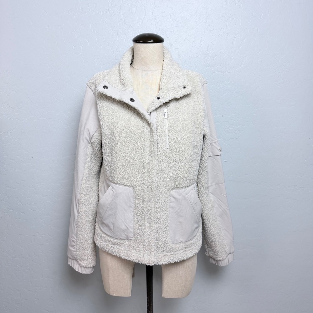 FLX Womens Sherpa Fleece Mixed Media Jacket Cream Off White Small Snap Closure